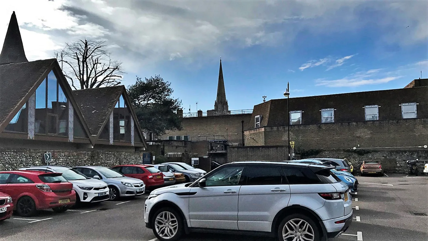 Little London car park, behind East Street, looking towards Chichester Cathedral