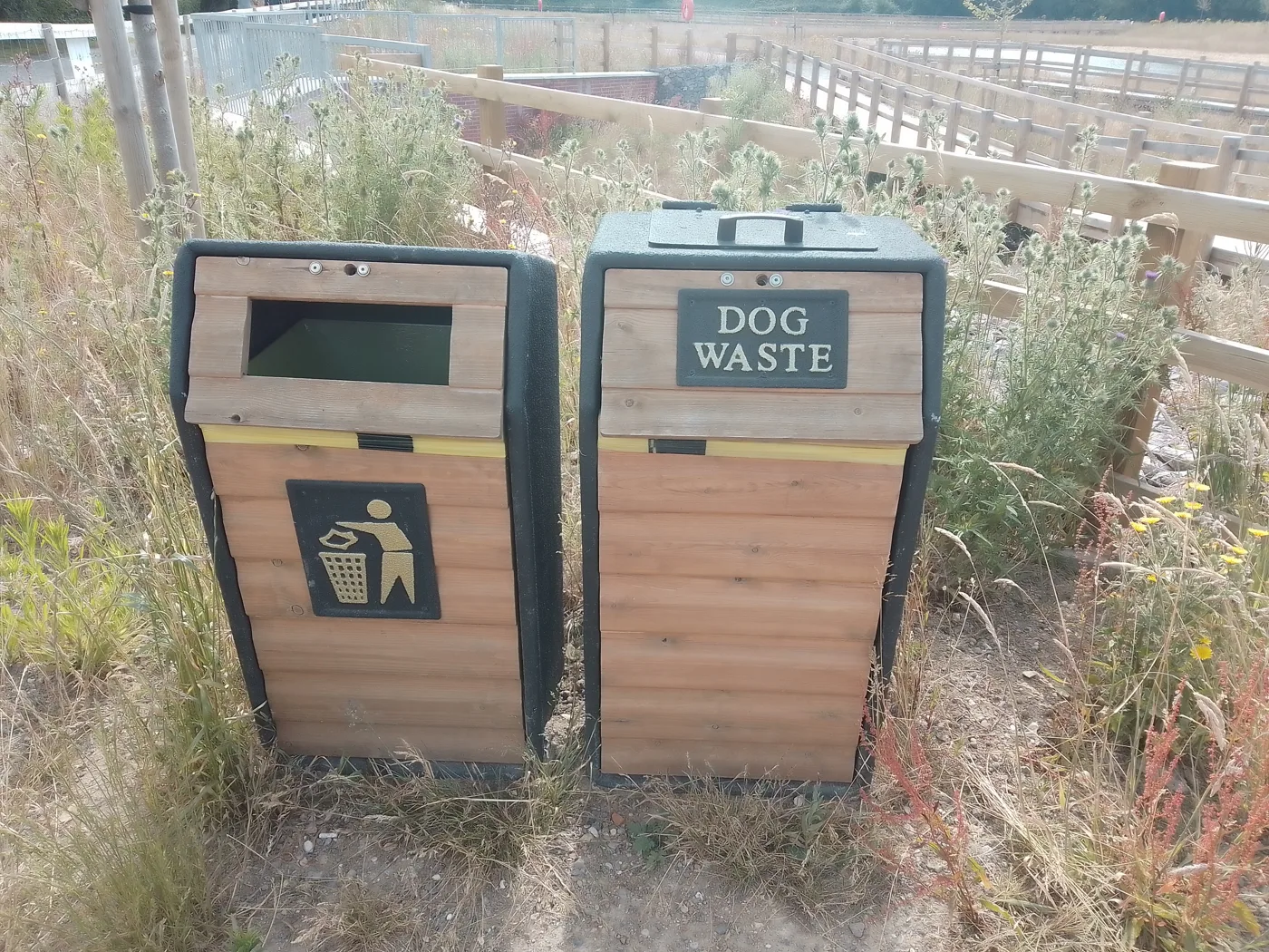 Litter and dog waste bins at Platinum Jubilee Country Park, Chichester.