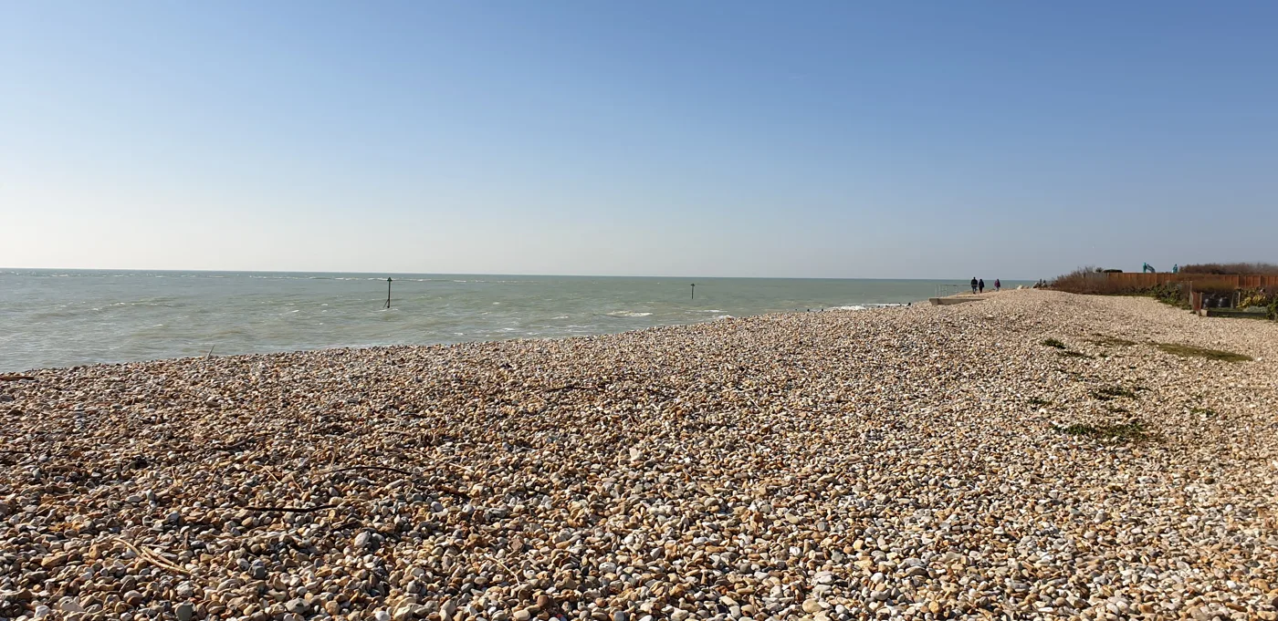 The shingle beach at Selsey, with the promenade and seawall beyond. The scheme covers about 4.5km of this frontage