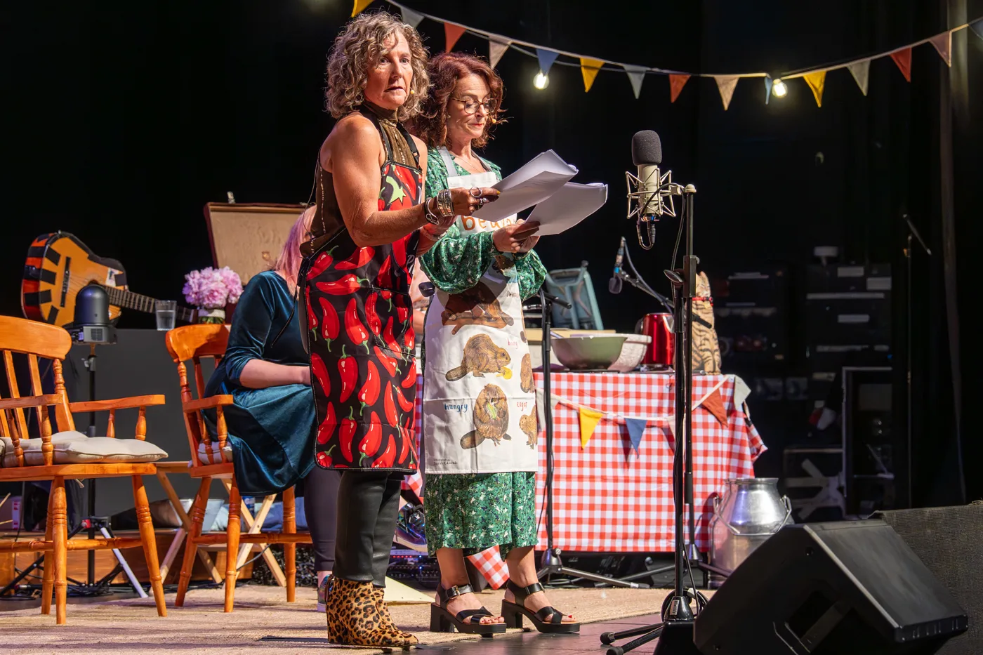 Two performers standing at a microphone reading from scripts on a stage hung with bunting, with gingham-covered tables behind them